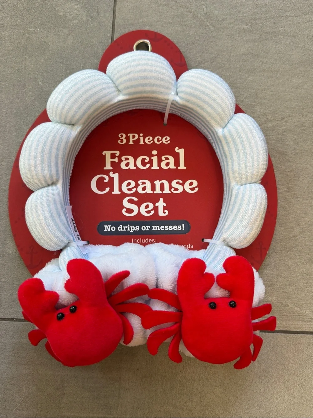 NWT 3-Piece Facial Cleanse Set w fun Red Crabs on wristbands 🦀 & stripe headband